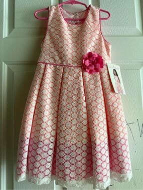 Jona Michelle Pink and White Floral Lace Fit & Flare Dress with Flower Accent